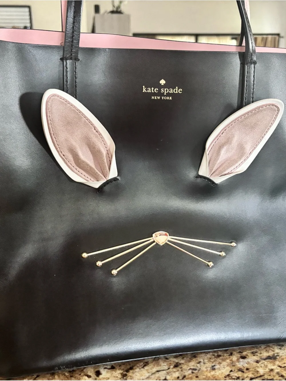 kate spade Black Leather Bunny Tote with Pink Trim